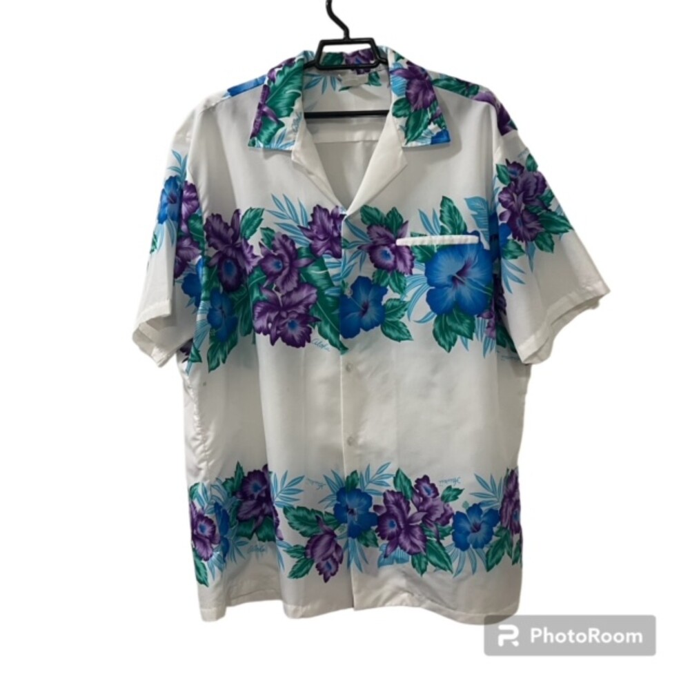 VTG Jade Fashions Mens White Green Floral Polyester Hawaiian Shirt Size 2XL